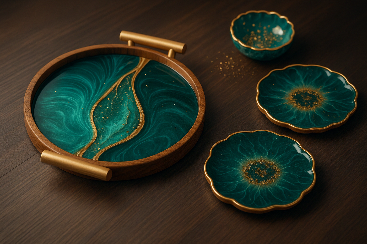 Epoxy art and accessories styled on a table